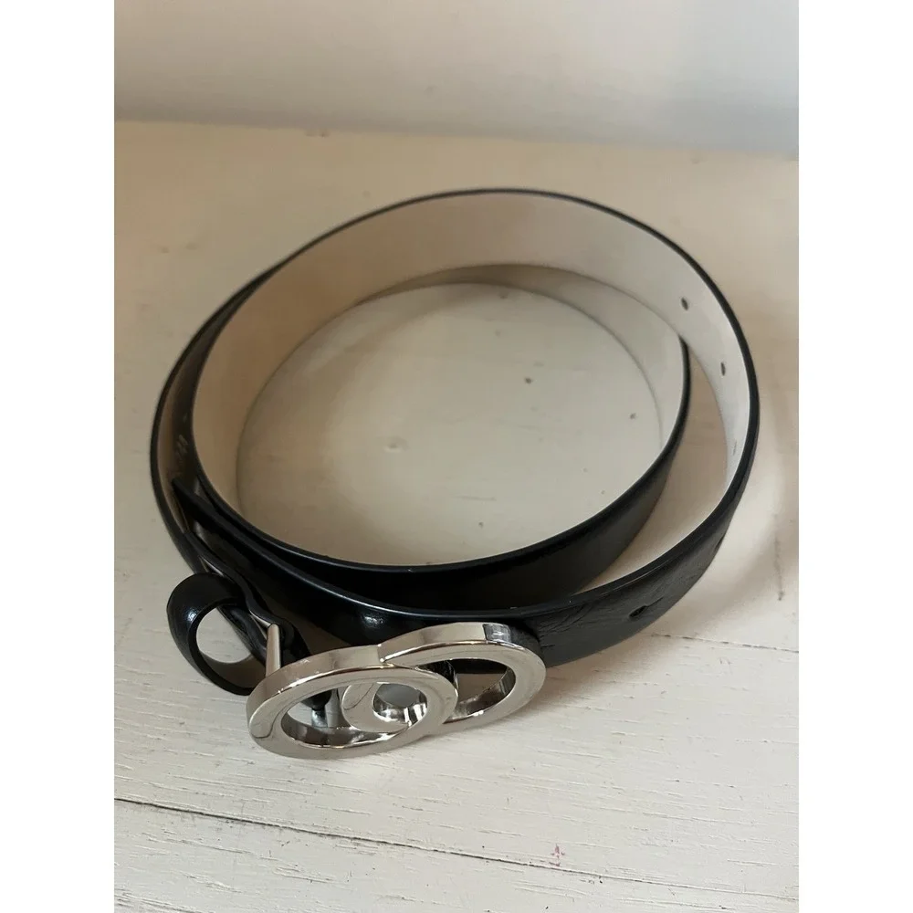 Nine West Women's Belt Size S 38X 1.1 Inch Black Faux Leather Silver Tone Buckle